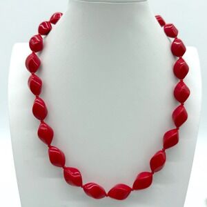 Vintage Style Red Chunky Twisted Bead Statement Necklace 22 Inch Glossy Retro